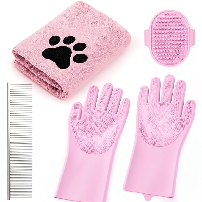 Pet Shower & Bath Supplies，Dog Shampoo Brush Set with Towel, Washing Gloves,Comb for Dogs and Cats (large pink)