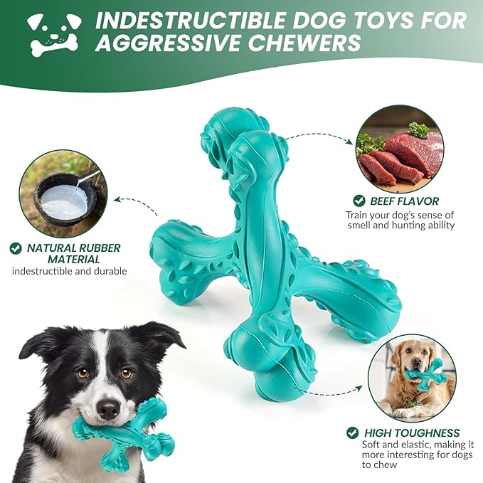 Dog Chew Toys for Aggressive Chewers Large Breed,Indestructible Bones Toy，Durable Cleaning Toothbrush Natural Rubber Dog Toys… (Blue)
