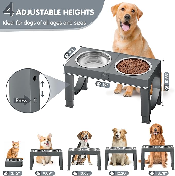 XIAZ Elevated Dog Bowls Large Breed Raised Dogs Bowl Stand Large/Medium Sized Dog 1L Food Water Bowl Stands 5 Heights Adjustable 9/11/12/14in Grey Pet Feeder Dish Station