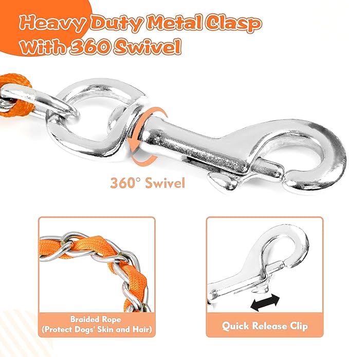 Heavy Duty Metal Dog Leash, Chew Proof Dog Chain Leash with Comfortable PU Leather Padded Handle, Metal Chain and Nylon Rope Leash for Medium Large Pooch Walking Training (6ft 3.0mm Orange)