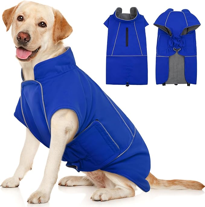 ROZKITCH Dog Coats for Large Dogs, Waterproof Raincoat Jacket Windproof Dog Rain Jacket with Fleece Liner & Leash Hole Elastic Bands for Large, Adjustable Belly Vest for Outdoor Hike Travel Blue 2XL