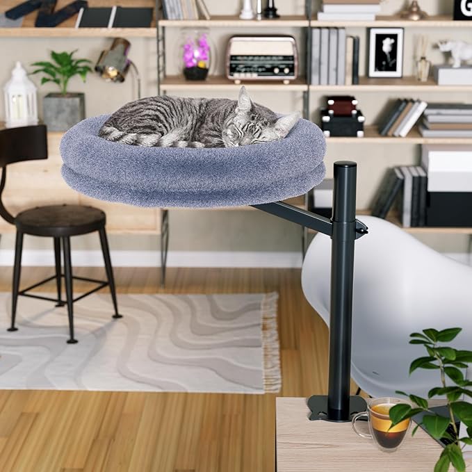 Cat Desk Bed Desktop Large Nest-Sturdy Dual Clamps Supports Up to 50 lbs,360° Adjustable Desktop Cat Perch with Soft Faux Fur Cover,Elevating Hammock for Home Office