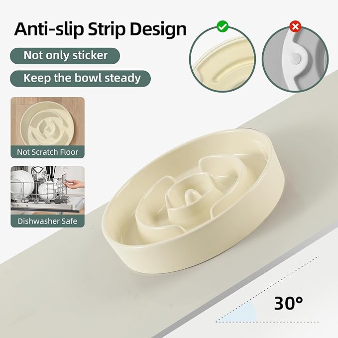 Ceramic Raised Slow Feeder Dog Bowl Set, Elevated 8.2inch Bowl and 9.5inch Puzzle Slow Food Dish with Wooden Stand for Large Dog, Anti-Gulping (2X Beige+ Stand)