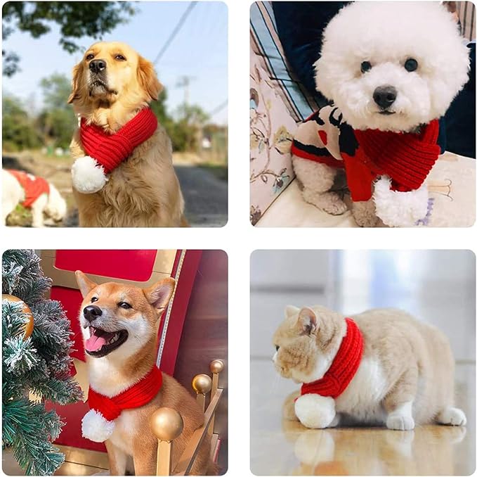 Inscape Data Christmas Dog Santa Hat with Adjustable Scarf, Red Knit Scarf with White Pompom Ball, Dog Winter Neck Warmer, Christmas Party Dressup