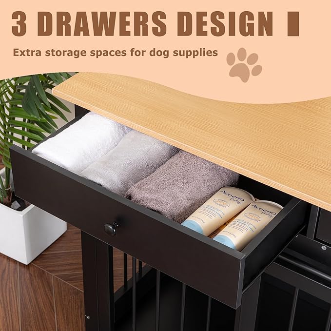 Sunseen Dog Crate Furniture Large Breed Wooden Dog Kennel with Room Divider & 3 Drawer,Black Double Doors Heavy Duty Dog Crate End Table Indoor TV Stand for Small Medium Large Dog,72''W*24''D*35''H
