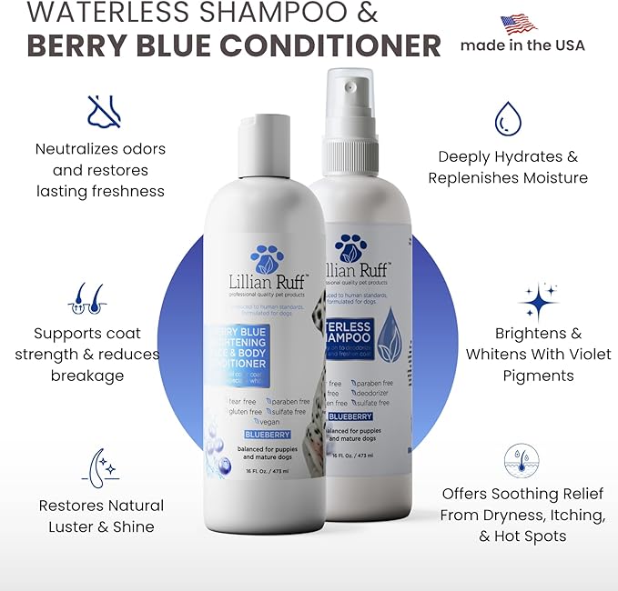 Lillian Ruff PRO Formula Blueberry Waterless Dog Shampoo & Berry Blue Brightening Conditioner - No-Rinse Odor Eliminator & Hydrating Whitening Conditioner Detangles, Restores Skin, Softness & Shine