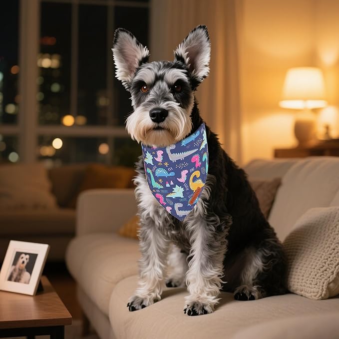 ADOGGYGO Dinosaur Dog Bandanas 2 Pack, Reversible Colorful Animal Pet Scarf, Premium Fabric, Adjustable Fit Yellow Blue Dinosaur Bandanas for Small Dogs (Small)