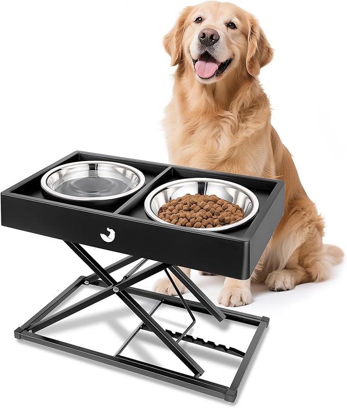 Joytale Elevated Dog Bowls for Large Breeds, Heavy Duty 9 Adjustable Height from 9" to 17.5" Metal Stand Anti-Slip, Non Spill Raised Food & Water Station with 2 Stainless Steel Food Bowls, Black