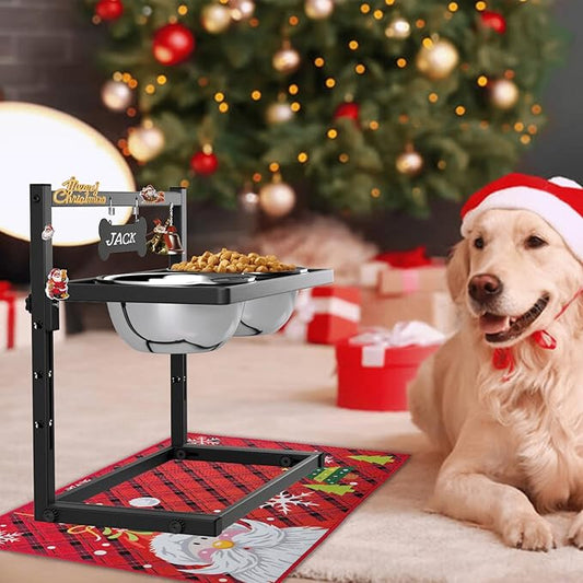 SHAINFUN Christmas Elevated Slow Feeder Dog Bowls with Mat for Large Dogs, Adjustable Height, Tall Raised Dog Food Water Bowl Stand Gift for Dogs