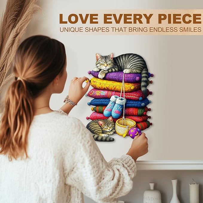 KAAYEE Wooden Puzzles for Adults, Pillow Kitten Puzzles, 80 Piece Unique Animal Shape Puzzle, Cat Wood Puzzle for Adults, Creative Gifts for Cat Lover/Friends/Family, Home Decor(8.5 * 6.5in)