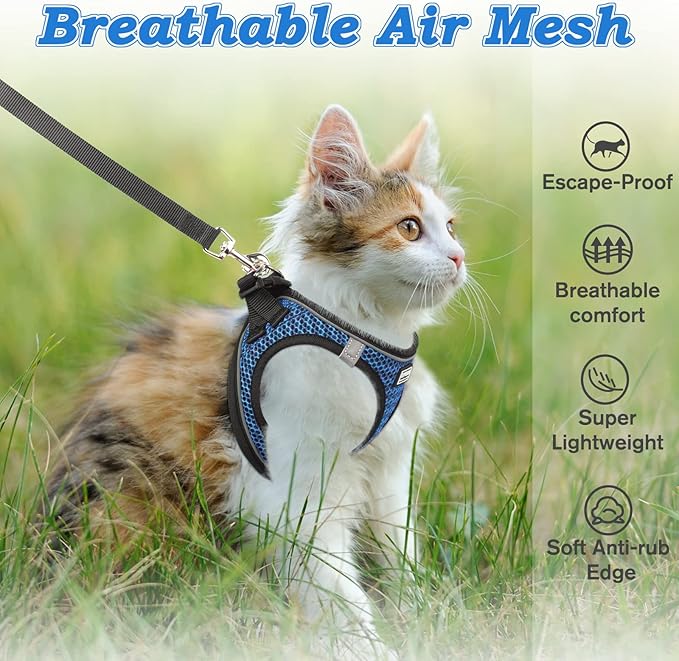 Cat Harness and Leash for Walking Escape Proof, Adjustable Kitten Vest Harness Reflective Soft Mesh Puppy Harness for Outdoor, Comfort Fit, Easy to Control (Blue, XS)