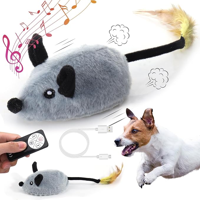 Mity rain Interactive Dog Toys,Fake Remote Control Dog Toy with Automatic Sensor, Dog Mouse Toy with Realistic Sound & Extended Tail, Automatic Dog Toy for Cats Dogs Pet, Squeaky Dog Toys Gray