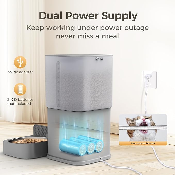 Automatic Cat Feeder, WiFi Dog Food Dispenser with APP Control for 2 Cats & Dogs, 6L Elevated Timed Dog Feeder Programmable 1-10 Meals,10s Meal Call,Dual Power Supply, 2 Stainless Bowls