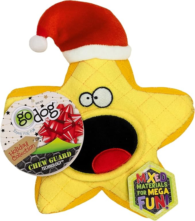 goDog Holiday Collection Mixed Materials TPE-Plush Holiday Star Squeaky Dog Toy, Chew Guard Technology - Yellow, One Size