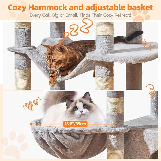 Taoqimiao Large Cat Tree，73-Inch Cat Tree Tower with 9 Scratching Posts for Indoor Cats, 2 Large Cat Condo with Hammock, Hanging Basket, 2 Extended Platform, Light Gray MS013XLW