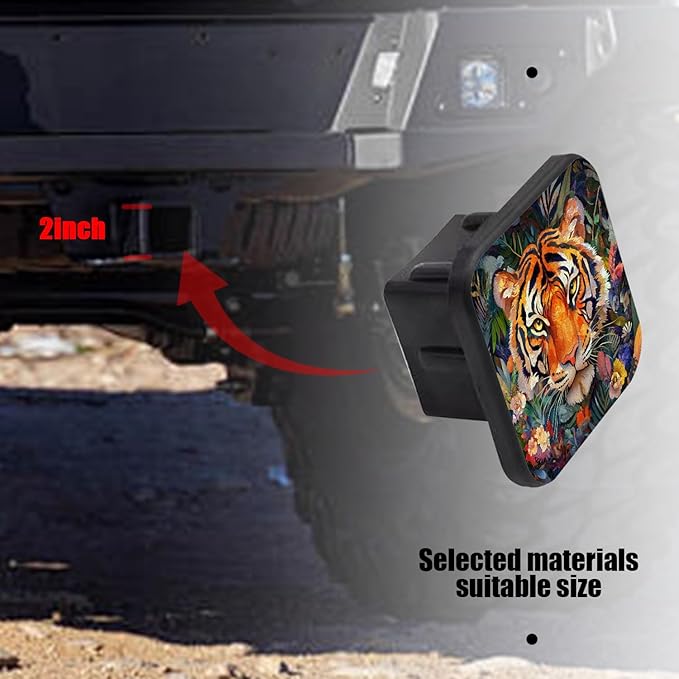 Hitch Cover Fits for 2-Inch Hitch,Majestic Tiger in A Floral and Botanical Ensemble Rubber Trailer Hitch Cover Tube Plug Insert,Car Exterior Accessories, Receiver Tube Hitch Plug