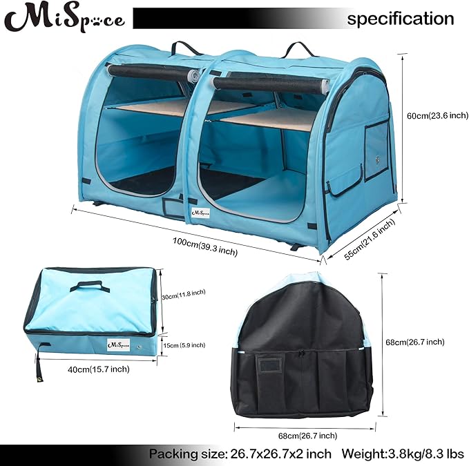 Mispace Portable Twin Compartment Show House Cat Cage/Condo - Easy to Fold & Carry Kennel - Comfy Puppy Home & Dog Travel Crate with Portable Carry Bag/Two Hammocks/Mats and Collapsible Litter Box