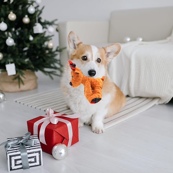 Rypet Christmas Reindeer Dog Toys Durable Plush Dog Toys with Crinkle Paper Interactive Dog Stuffed Squeaky Toys for Puppy Medium Small Dogs Cleaning Teeth and Relieving Anxiety