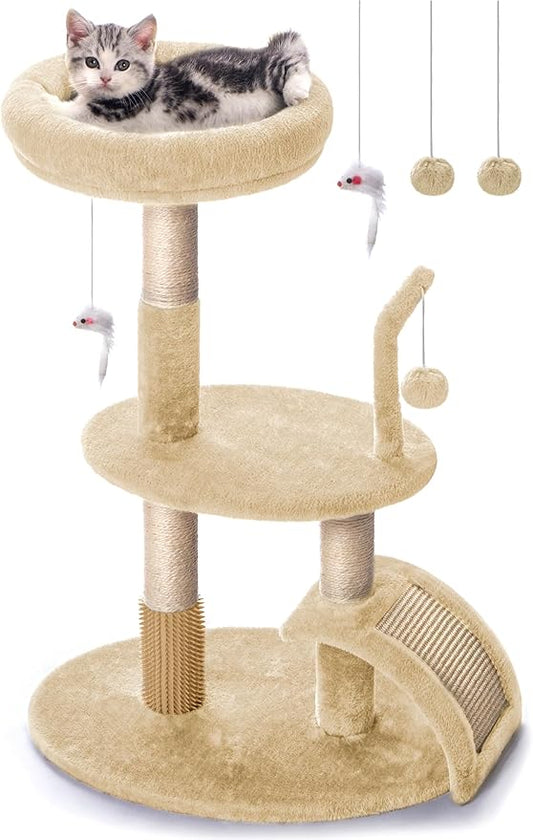 Large Cat Tree Tower with Scratching Post, Modern Kitten Tower for Indoor Cats, 32 Inch Tall Carpet Sisal Cat Scratcher Stand with Big Bed Perch,Scratch Ramp, Ball Toy for Kitty (Beige)