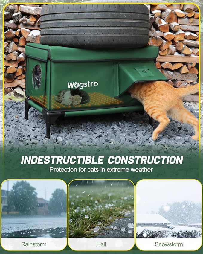 Heated Cat House for Outside, Insulated Weatherproof Heated Outdoor Cat House with Waterproof Eaves & Escape Door, Elevated Outdoor Cat Shelter for Feral Stray Cat (Green, 25.6"x17"x18")