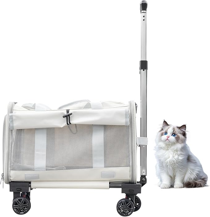 Pet Carrier with Wheels - Soft-Side Wheeled Cat Carrier for Dogs with Telescopic Handle, Collapsible Rolling Pet Travel Bag Carrier for Large Cats Small Medium Dogs for Camping Vet Visiting Beige