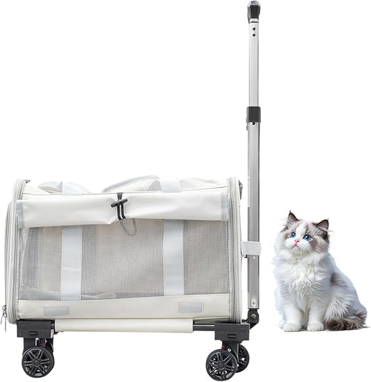 Pet Carrier with Wheels - Soft-Side Wheeled Cat Carrier for Dogs with Telescopic Handle, Collapsible Rolling Pet Travel Bag Carrier for Large Cats Small Medium Dogs for Camping Vet Visiting Beige