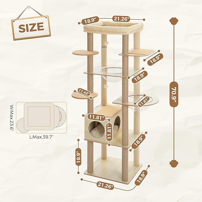PEQULTI 71'' Cat Tree, Tall Wood Cat Tower for Indoor Cats with 2 Acrylic Cat Hammock, Multi-Level Activity Trees with Scratching Posts, Condo House and Large Top Perch for Large Cats, Beige