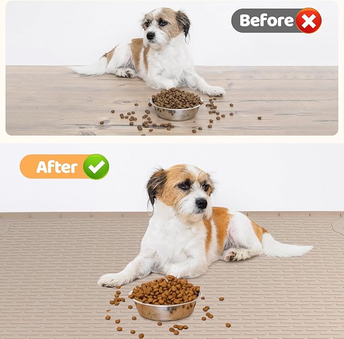 Dog Food Mat, Extra Large 34" x 22" Silicone Pet Feeding Mat with Raised Edge Pet Placemat for Small, Medium, and Large Pets Non-Slip, Easy to Clean (Beige)