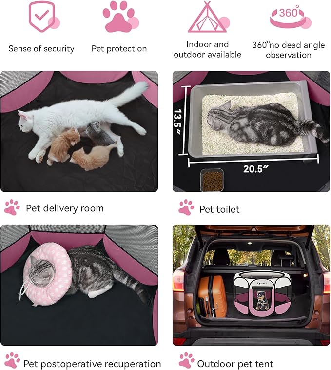 Pink Dog Cat Playpen, Puppy Pet Playpen Indoor for Small Dog Crate Tent Cage Outdoor, Portable Pop Up Dogs Enclosure Kennel with Carrying Case for Dogs/Cats/Rabbits