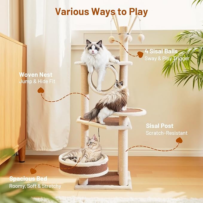 Rattan Cat Tree House with Scratching Post,Wicker Basket,Bed,and Stand Modern Cat Climbing Tower Condo for Indoor Large Adult Cat