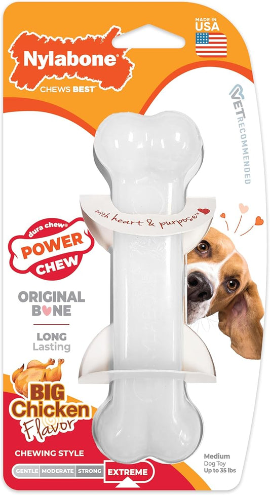 Nylabone Original Bone Power Chew Toy for Dogs, Durable & Tough Dog Toys for Aggressive Chewers, Chicken Flavor, Medium - Up to 35 lbs, 1 Count