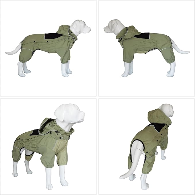 LOVELONGLONG Waterproof Dog Raincoat with Removable Hood – Outdoor Full Body Dog Jacket, Windproof Snowproof Shell Suit – All Season Pet Rain Gear Sage Green L