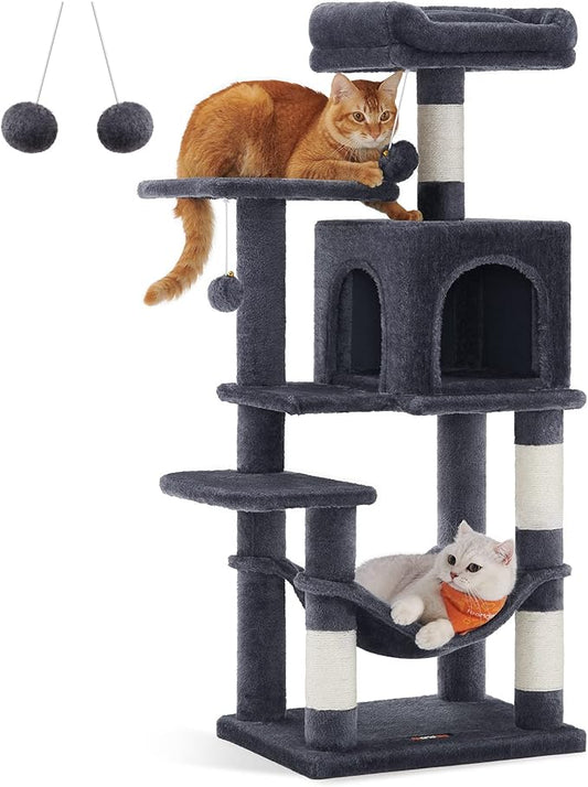 Feandrea Cat Tree, 44.1-Inch Cat Tower for Indoor Cats, Multi-Level Cat Condo with 4 Scratching Posts, 2 Perches, Hammock, Cave, Smoky Gray UPCT261G01