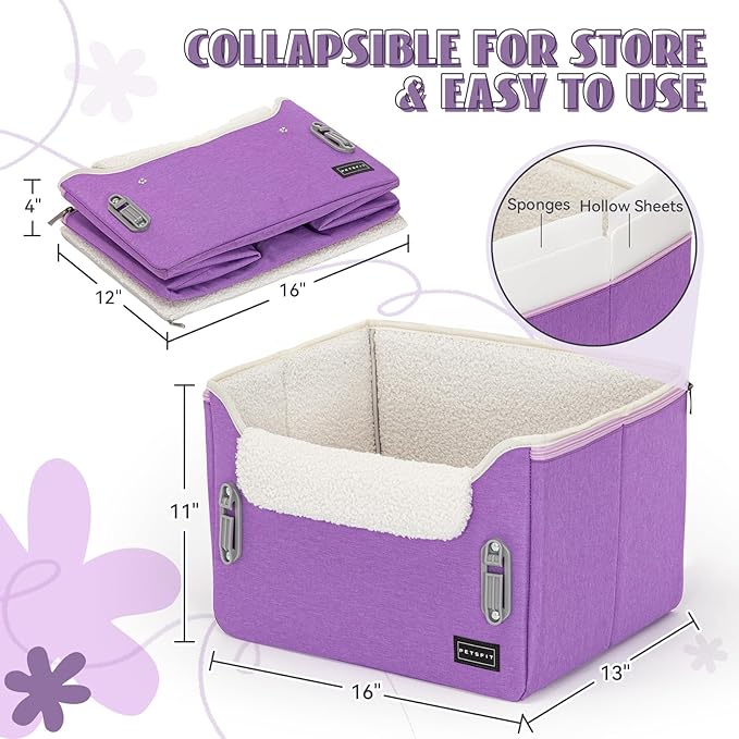 PETSFIT Small Dog Car Seat – Patented Safety Buckles – Safety Tether – Foldable Travel Dog Booster Car Seat Reduces Anxiety & Road Trips – Stable Frame, Soft Cushion, Fits Front/Back Seat (Purple)