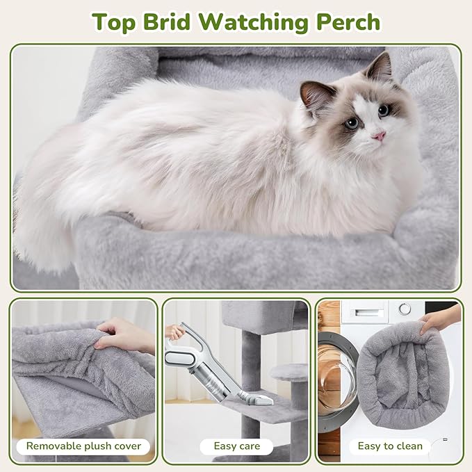 Cat Tree Tower with Large Hammock 54in Multi-Level Cozy Large Cat Tree with 2 Condo Top Perch Scratching Posts and Fun Cat Toys for Indoor Cats（Light Gray）