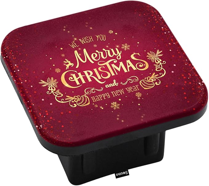 Swono Merry Christmas Truck Hitch Cover, 2" Square Trailer Hitch Cover Tube Plug Insert, Easy to Install, Red Gold Glitter