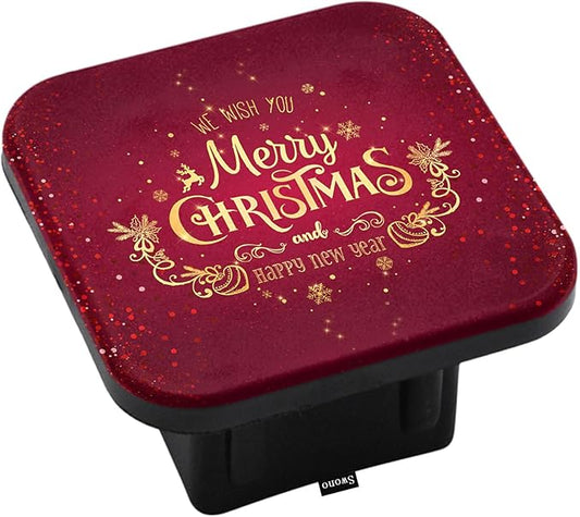 Swono Merry Christmas Truck Hitch Cover, 2" Square Trailer Hitch Cover Tube Plug Insert, Easy to Install, Red Gold Glitter