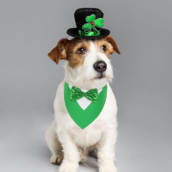 ADOGGYGO St.Patrick's Day Dog Tuxedo Bandana, Green Pet Tux Collar with Bowtie Adjustable St Patricks Costume for Small Dogs Pets (S)