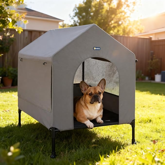 Veehoo 29" Dog House, 2-in-1 Small Dog House Outdoor Indoor Weatherproof, Outside Elevated Dog Cot Bed Dog Tent Shade, Three-Sided Breathable Mesh Windows and Sunshades, CWC2435CP