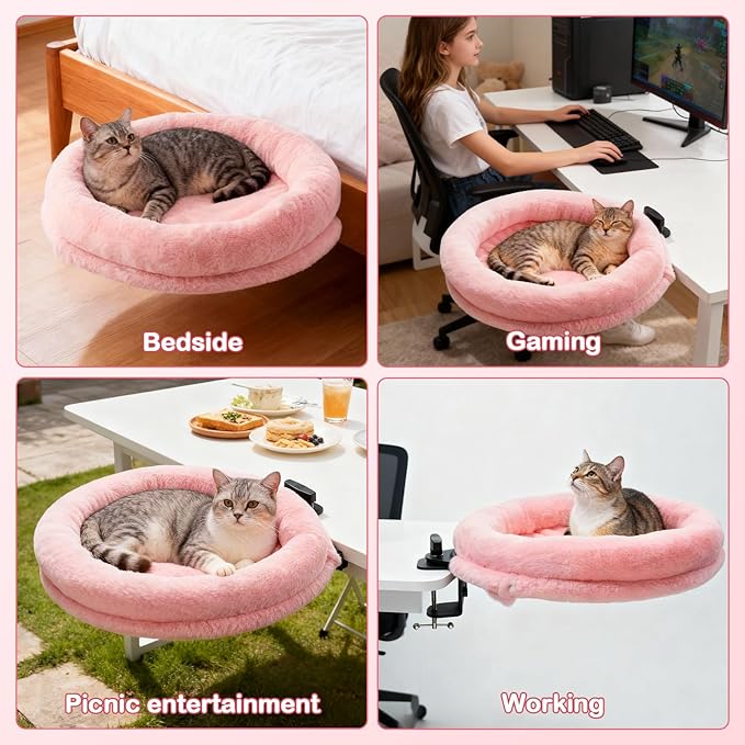 Odoland Large Cat Desk Bed - Cat Perch Clamp for Home Workers - 360 Rotating Desktop Hammock with Replace Mattress for Winter Summer - Hold UP to 50LBS for Kitten Adult Cats Small Pet, Pink