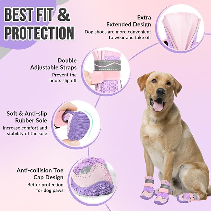 SlowTon Dog Shoes for Large Small Medium Dogs - Breathable Dog Boots for Summer Hot Pavement, Paw Protector for Outdoor Walking Winter Snow, Anti-Slip Rubber Dog Booties for Hardwood Floor (Pink, 6)