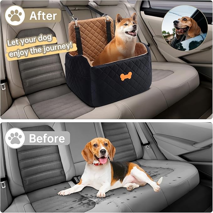 Dog Car Seat for Small Dogs, Dog Booster Seat Filling in Thick Memory Foam with 2 Safety Leashes and Storage Pocket, Suitable for Pet Under 30lb or 2 Puppies (Brown/Black)
