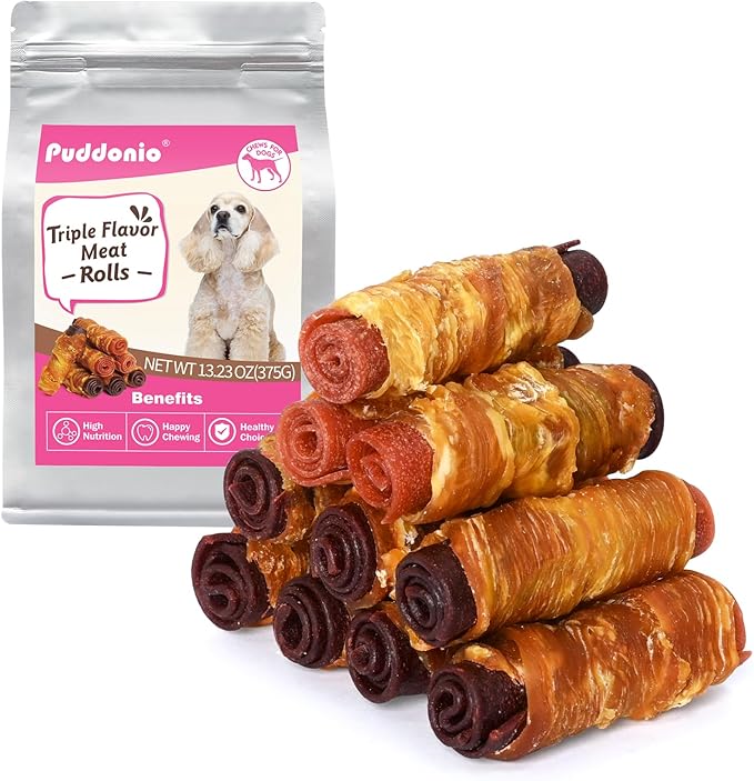 Dog Treats, Triple Flavor Chicken Duck Beef Meat Rolls, Rawhide Free Dog Snacks, Soft Treats for Small Dogs, 13.23 oz