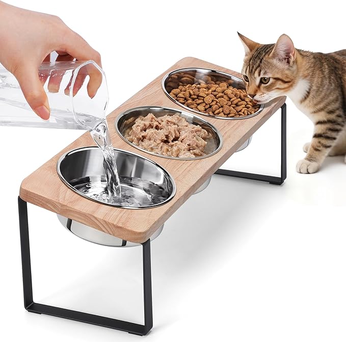 Elevated Cat Bowls with 3 Stainless Steel Bowls, 15° Tilted Raised Cat Food Bowl Wood Pet Bowls with Stand Anti Vomiting 2 Stainless Steel Bowl for Cats and Puppy