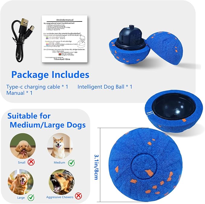 Interactive Dog Ball, Automatic Moving Interactive Dog Toys, Wicked Balls, E-TPU Vibrating Dogs Ball for Medium and Large Dogs, IP54 Waterproof, USB Rechargeable (Blue)