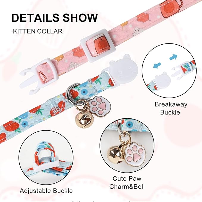 Unique Style Paws Kitten Collar,Cute Cat Collar with Bell,Kitten Collar Breakaway Buckle with Strawberry,Pumpkin Pattern,Adjustable Halloween Cat Collar,Ideal Gift for Boy Girl Cats