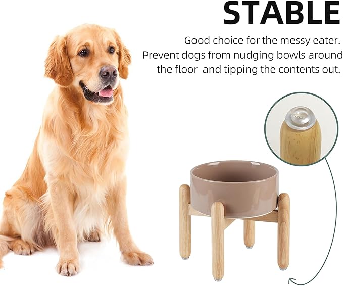 Ceramic 7.3inch Raised Dog Bowl Set, Elevated with Wooden Stand, Food and Water Bowl for Medium Breed Dogs, Weighted Dog Dishes, Pet Feeder(Brown Coffee)