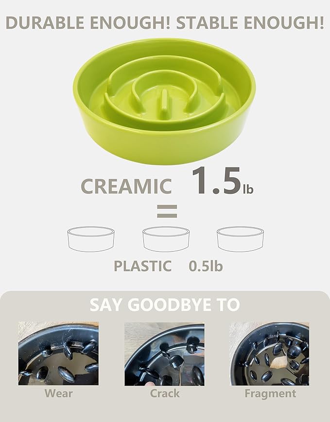 Ceramic Slow Feeder Dog Bowls Elevated, 0.6 Cup Slow Feeder for Small Dogs and Cats, Puzzle Maze Bowl, Prevents Choking, 6in, Green