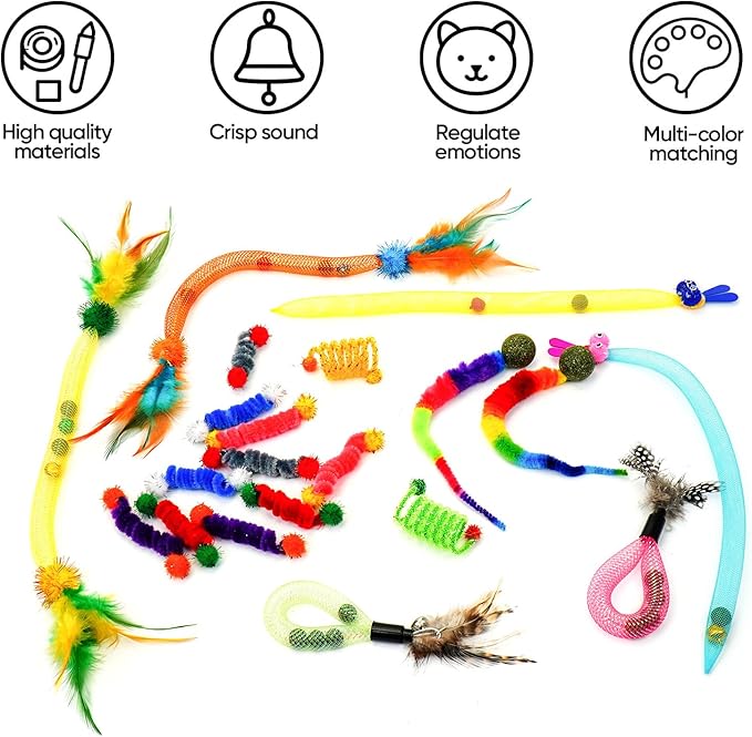 20PCS Interactive Cat Toys t for Indoor Cats, Feather Elastic Mesh, Catnip Ball, Colorful Spring, Rainbow Plush, Teething & Self-Play Kitten Accessories Variety Pack