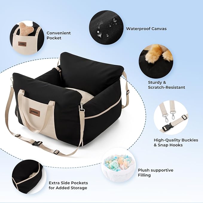 Dog Car Seat for Small to Medium Dogs - Waterproof Pet Booster Seat for Car with Clip-On Safety Leash, Travel Carrier for Puppy up to 25 lbs, Memory Foam Filling & Adjustable Buckles, Blue